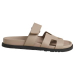 Hermes Chypre Leather Round Toe Open Toe Slippers Women's Brown, H222299Z B3