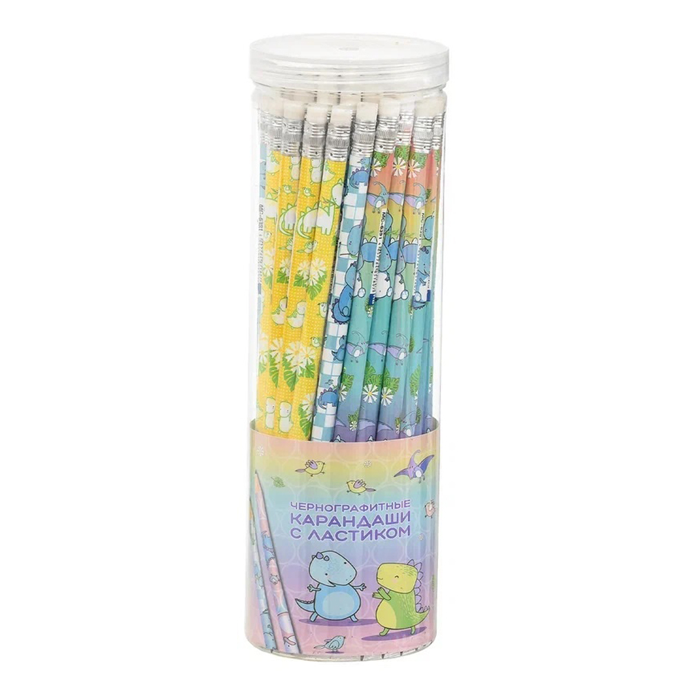 Карандаш простой, чернографитный, Basir, деревянный, с ластиком, серия "Дино", с рисунком на корпусе, 48 шт