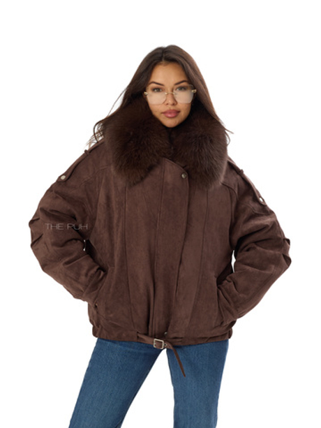 Шоколадный пуховик из эко-замши с мехом