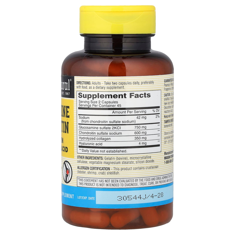 Mason Natural, глюкозамин и хондроитин с коллагеном и гиалуроновой кислотой, 90 капсул