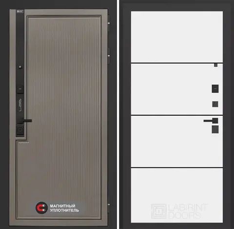 Входная дверь в квартиру Лабиринт с повышенной шумоизоляцией Лаб про 1 Велютто кофе 25 Белый софт, черные молдинги (без текстуры)