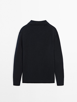 Massimo Dutti Трикотажный свитер с воротником поло на молнии, темно-синий