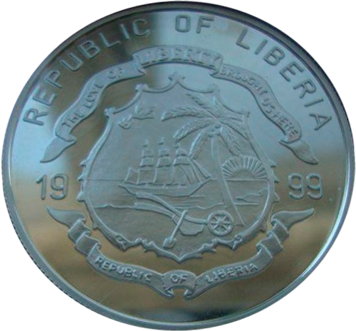 Либерия 5 долларов 1999 Корабль парусник Первая экспедиция Ра-I КПД Серебро