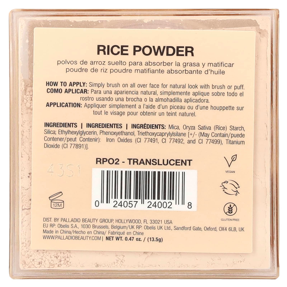 Palladio, Рисовый порошок, прозрачный RPO2, 13,5 г (0,47 унции)