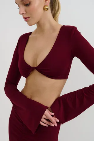 Лонгслив с рукавами клеш из вискозы цвета бордо