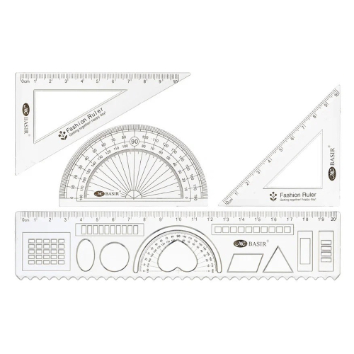 Линейка Basir пластиковая, набор 4 шт, серия "Классика", 4 предмета: линейка с трафаретом 20 см, транспортир и два угольника