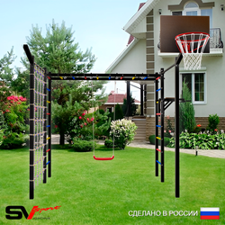 Уличная шведская стенка Sv Sport рукоход с комплектом турник прямой 2шт У5487К (Брусья/"Лодочка"/Щит баскет/Кронш бокс/Сетка)