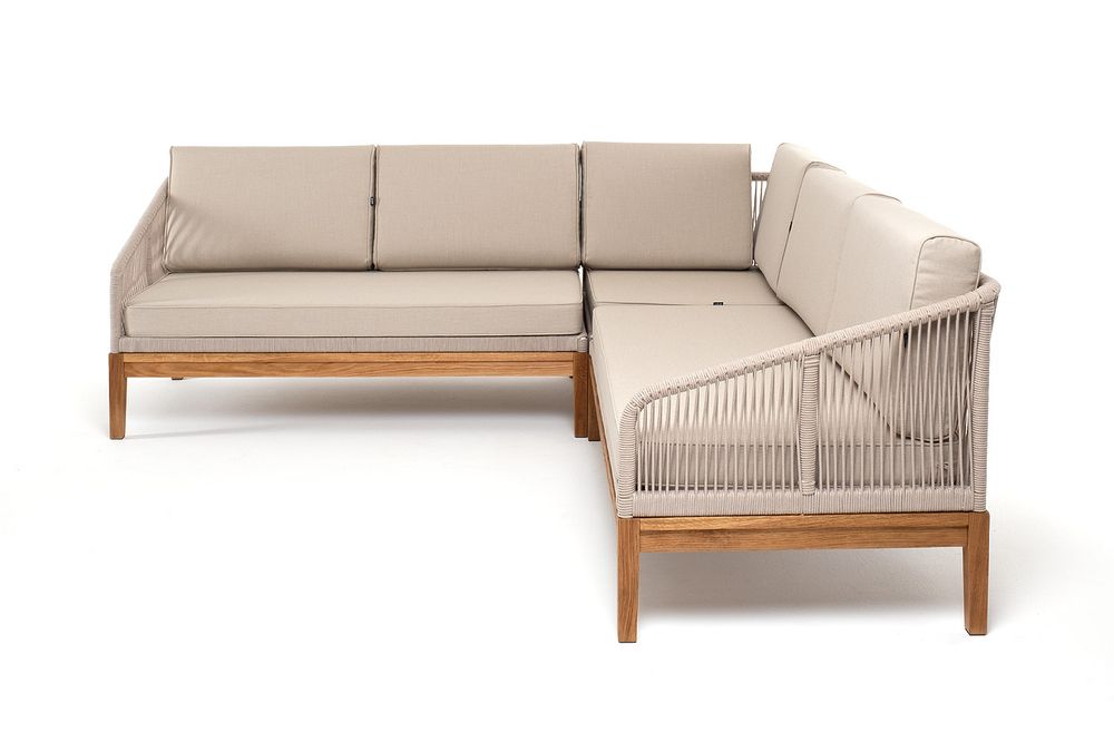 "Канны" диван модульный плетеный из роупа, основание дуб, роуп бежевый круглый, ткань бежевая 15052