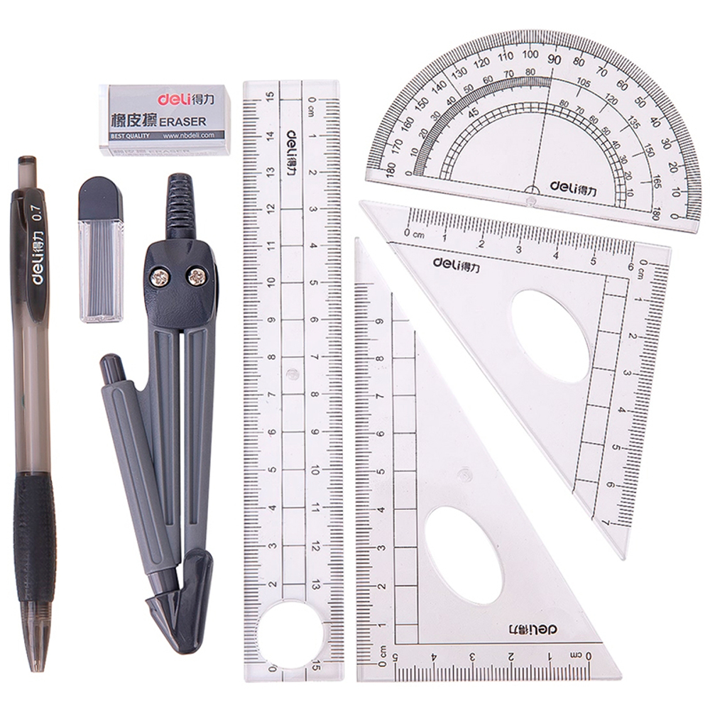 Готовальня Deli "Компас",  8 предметов, 180х75х25мм, пластиковый футляр