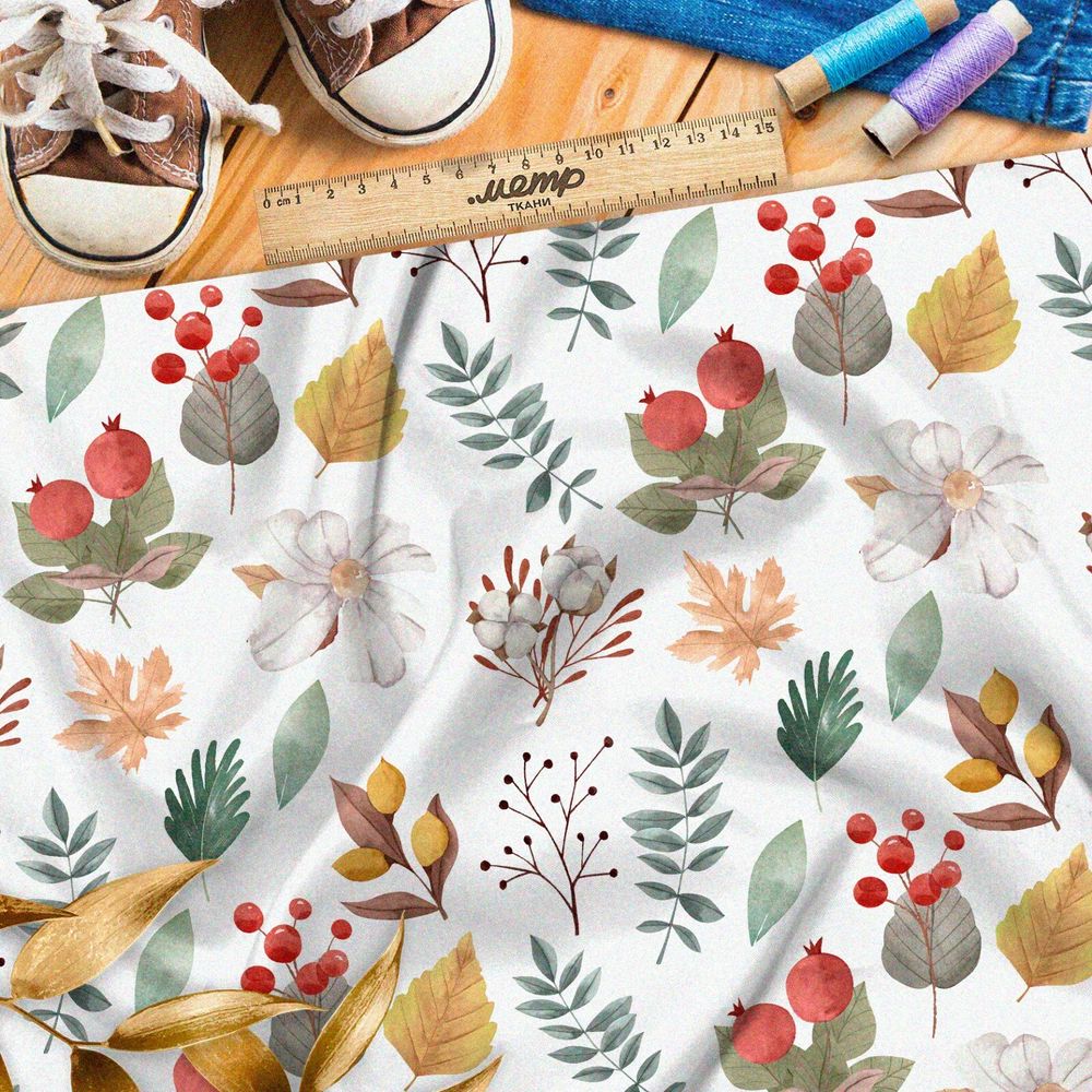 Ткань дюспо крупные листья, брусника и цветы