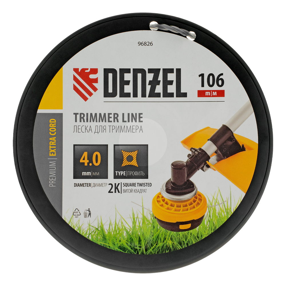 Леска для триммера двухкомпонентная витой квадрат, 4,0мм х 106м, на DIN катушке EXTRA CORD Denzel