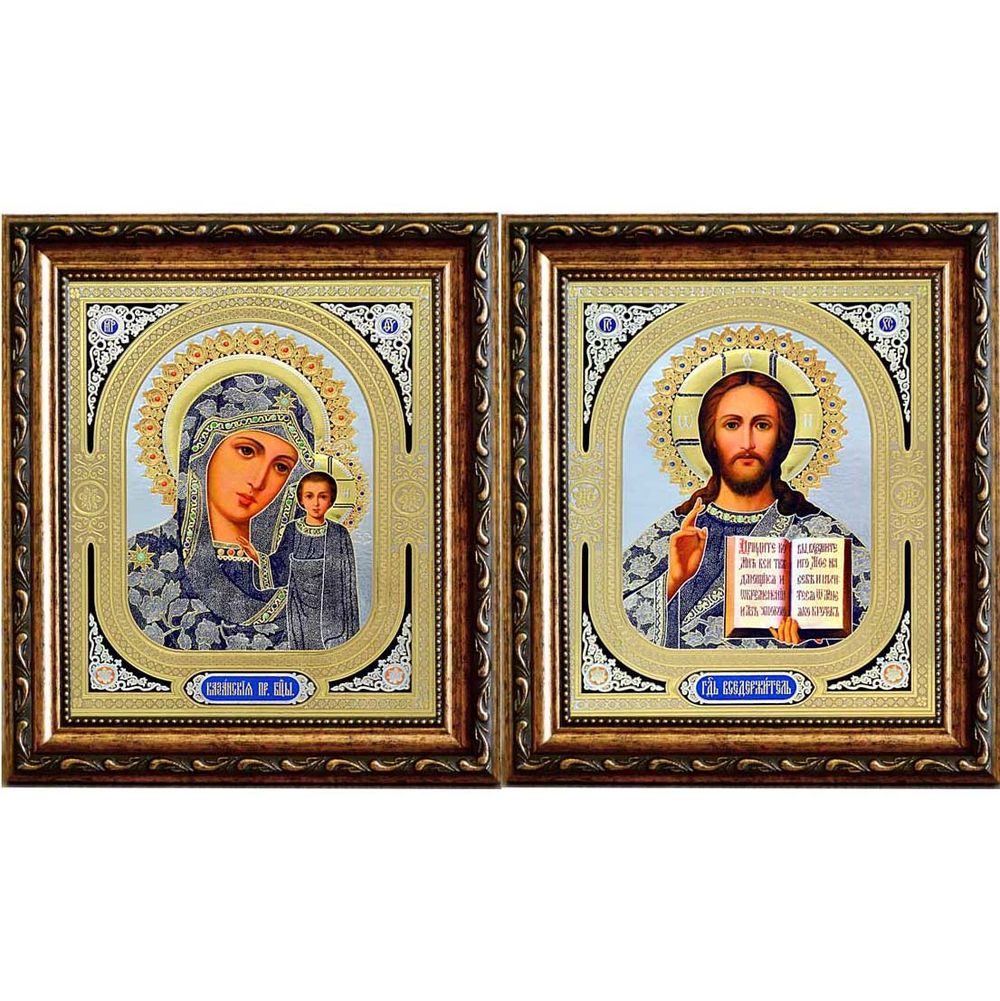Венчальные иконы Казанской Богородицы и Иисуса Христа на серебристом фоне