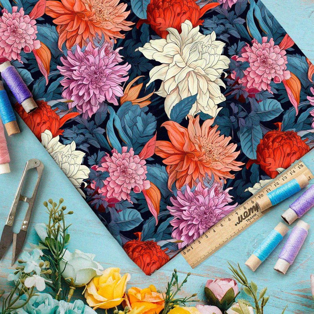 Ткань премиум интерлок ночные хризантемы