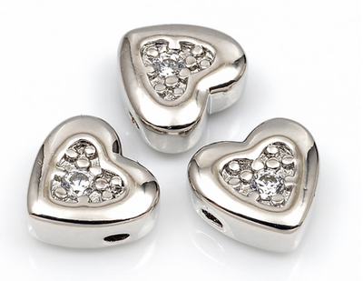 258189-р Бусина «Сердце» 7мм с прозр. фианитами, бок. отв., родий