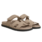 Hermes Chypre Leather Round Toe Open Toe Slippers Women's Brown, H222299Z B3