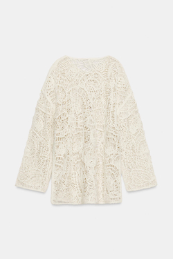 ZARA АЖУРНОЕ ТРИКОТАЖНОЕ ПЛАТЬЕ С КИСТОЧКАМИ, ЭКРЮ