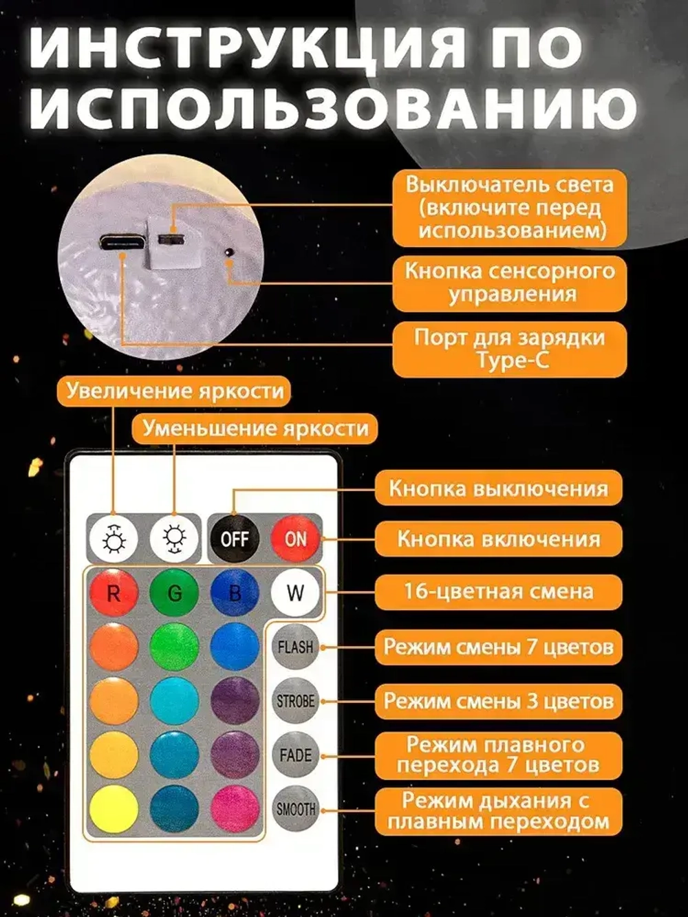 Ночник луна детский, 3D шар Луна Moon Lamp светодиодный светильник, лампа настольная с пультом, 15 см