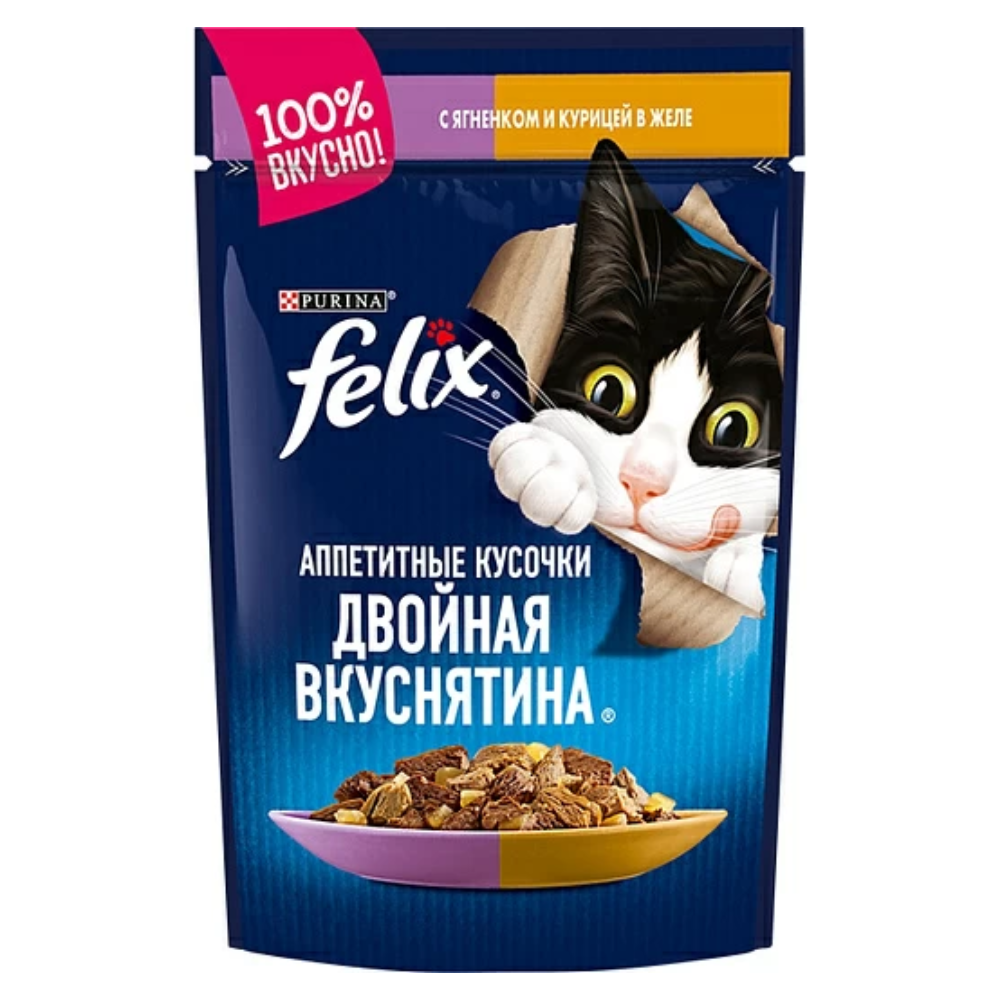 Влажный корм FELIX для кошек ягненок и курица в желе 75 гр