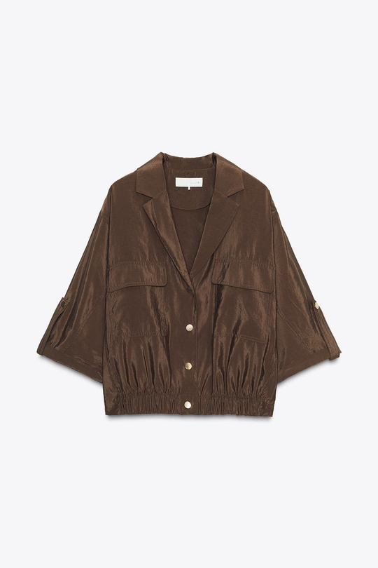 ZARA РУБАШКА САФАРИ С КОРОТКИМИ РУКАВАМИ, КОРИЧНЕВЫЙ