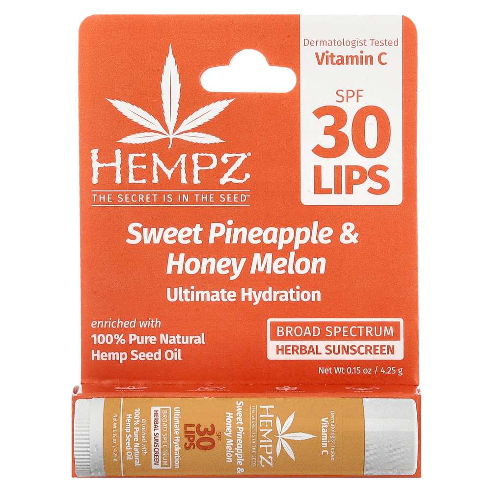 Hempz, Травяное солнцезащитное средство для губ, SPF 30, сладкий ананас и медовая дыня, 4,25 г (0,15 унции)