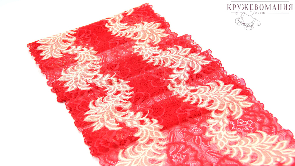 Эластичное кружево, 21,5 см, красное с бежевыми веточками, (Арт: EK-2502), м