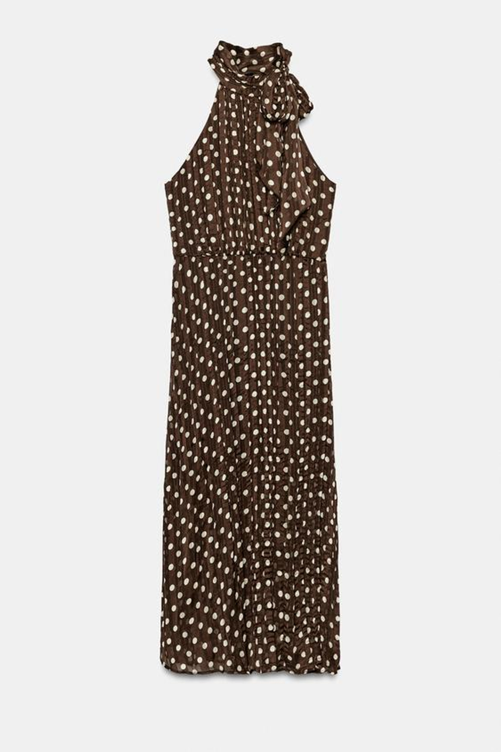 ZARA ПЛАТЬЕ МИДИ В ГОРОШЕК С БАНТОМ, КОРИЧНЕВЫЙ/ЭКРЮ
