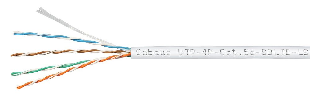 Кабель витая пара U/UTP 5e кат. 4 пары Cabeus UTP-4P-Cat.5e-SOLID-LSZH-WH-100