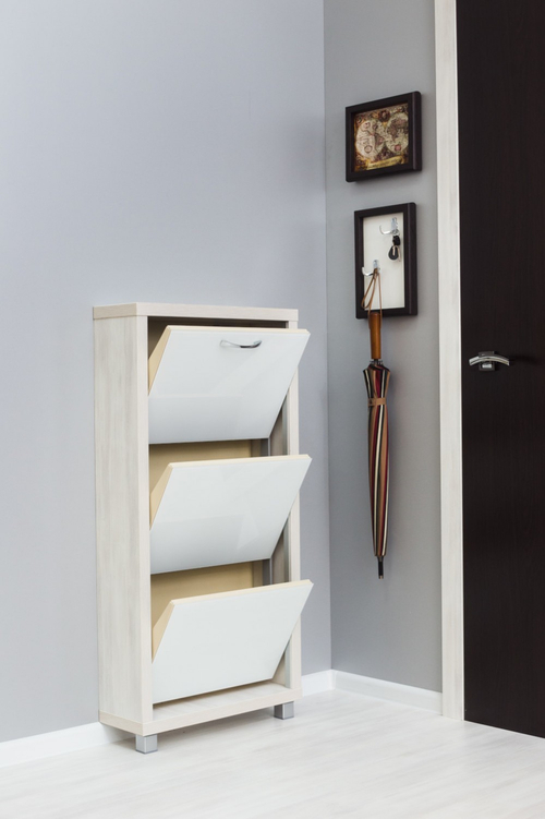Обувница в прихожую компактная для обуви Люкс 3 белое стекло выбеленное дерево