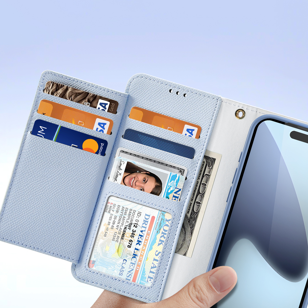 Чехол кошелек из кожи светло-синего цвета (Light Blue) для iPhone 17 Pro Max, Dux Ducis, серия Lawa Series