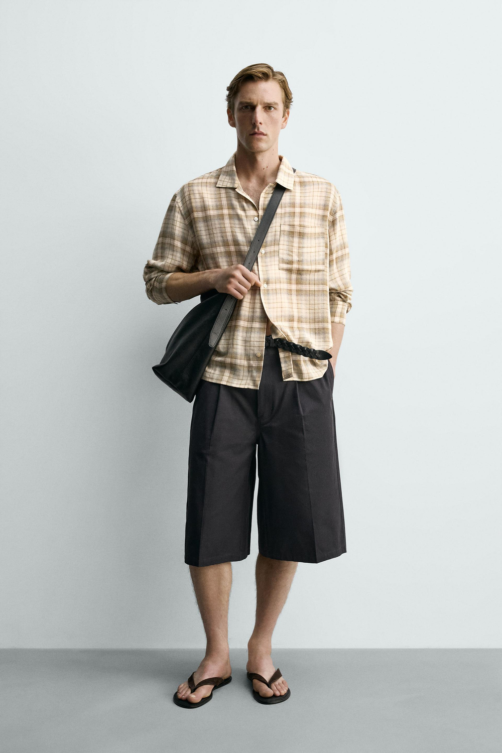 ZARА РУБАШКА RELAXED FIT В КЛЕТКУ, ПЕСОЧНЫЙ