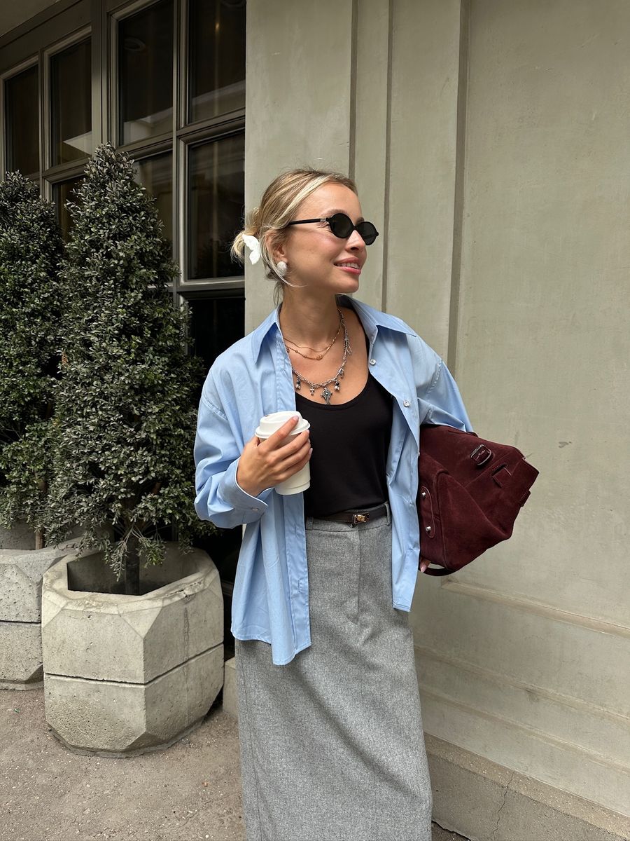 Рубашка из поплина оверсайз 1 карман голубая