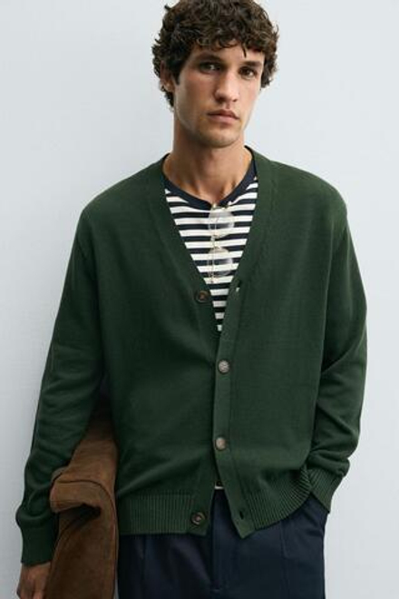 ZARA ХЛОПКОВЫЙ КАРДИГАН КЛАССИЧЕСКОГО КРОЯ, ЗЕЛЕНЫЙ