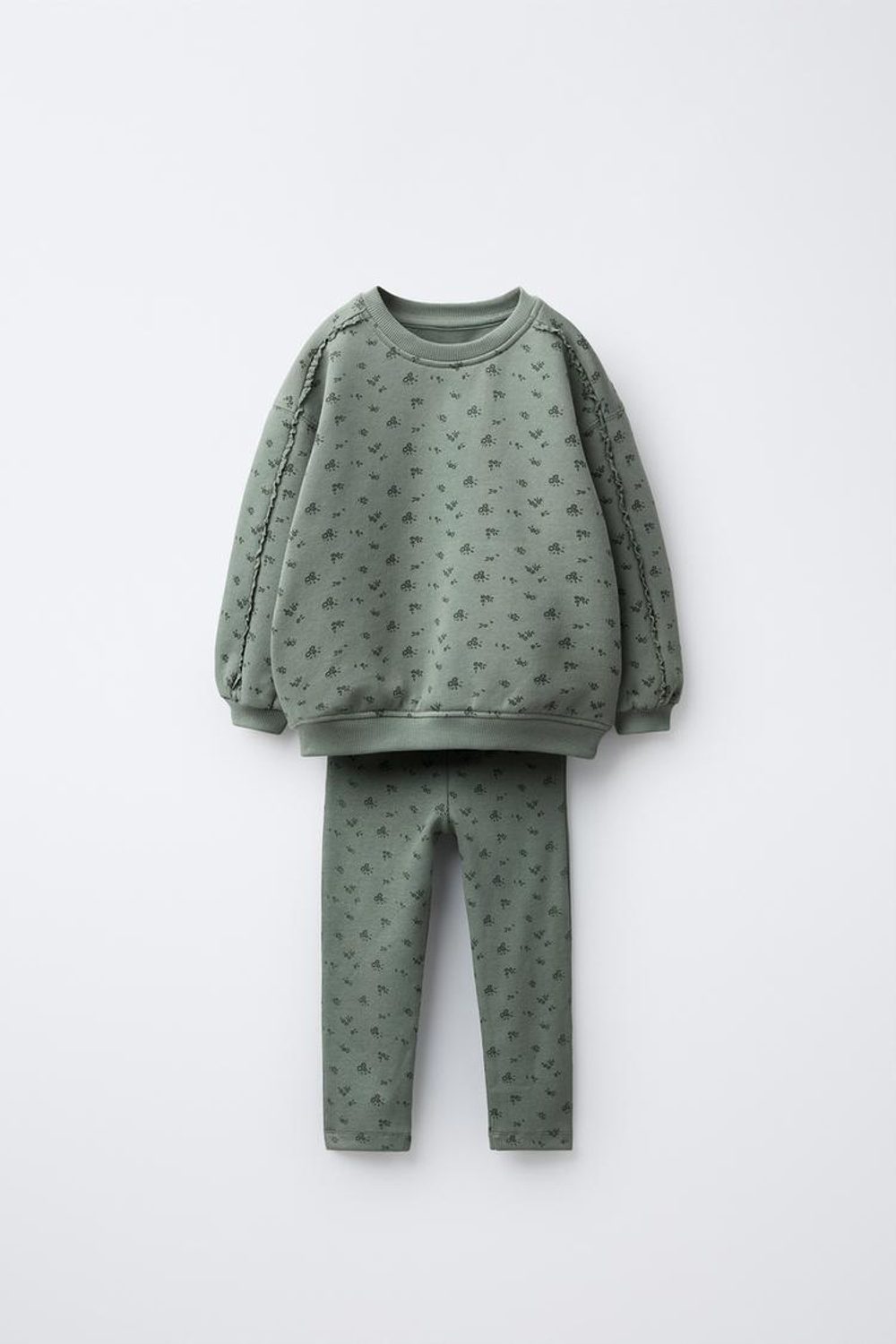 ZARA КОМПЛЕКТ ИЗ ТОЛСТОВКИ И ЛЕГИНСОВ С ЦВЕТОЧНЫМ ПРИНТОМ, ЛИНЯЛЫЙ ЗЕЛЕНЫЙ