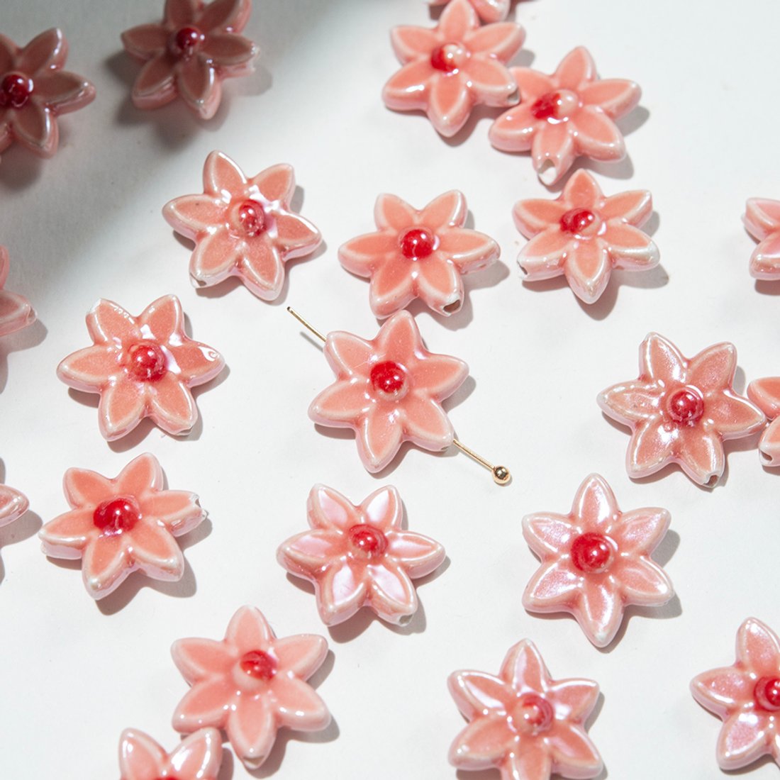 Бусина в форме цветка, 17*15,5мм, розовая, глазурированный фарфор