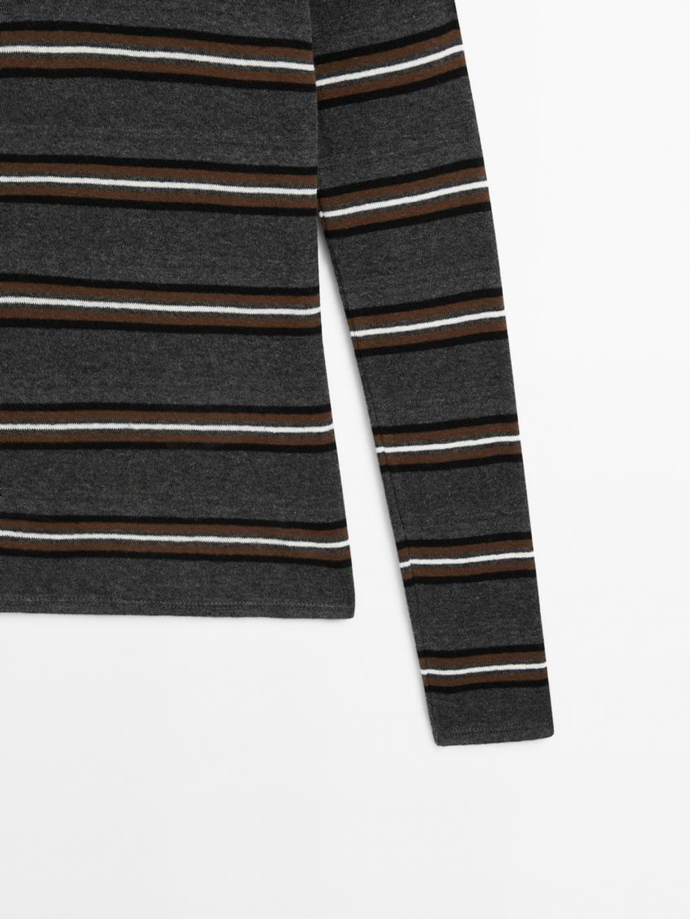 Massimo Dutti Свитер в полоску с воротником поло, серый меланж