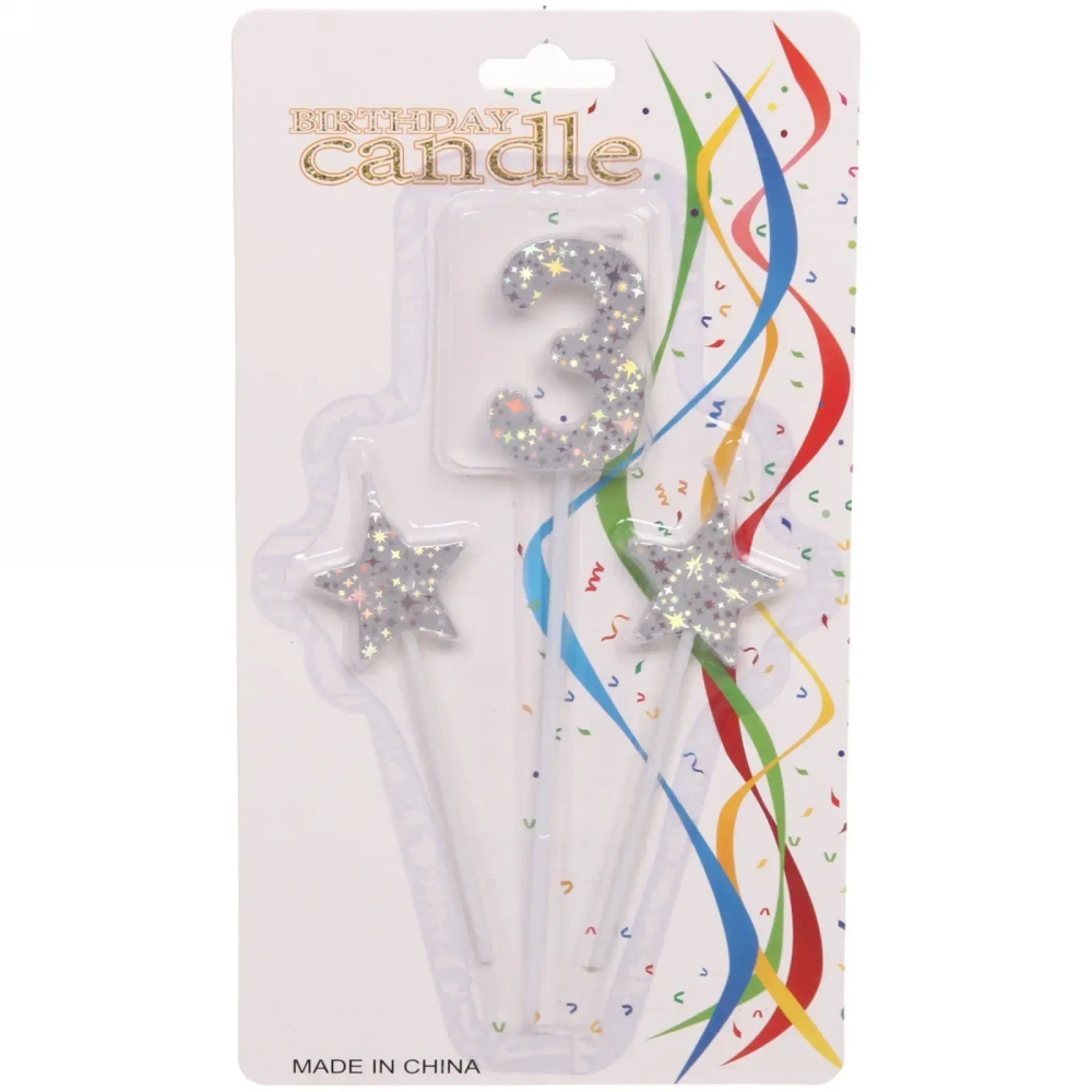 Свеча для торта Цифра Звёздное сияние «3» 16 см (набор 3шт), серебро