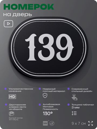 Номерок на дверь квартиры 139, для кабинета, офиса, шильдик 9 х 7 см, черный, Айдентика Технолоджи