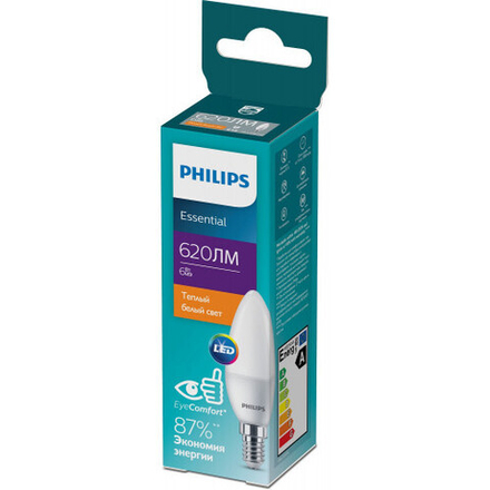 Лампочка светодиодная Philips ESS LEDCandle B35 6Вт 2700K Е14 / E14 свеча матовая теплый белый свет