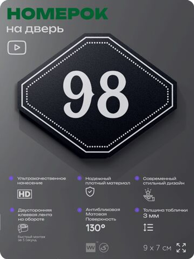 Номерок на дверь квартиры 98, для кабинета, офиса, шильдик 9 х 7 см, черный, Айдентика Технолоджи