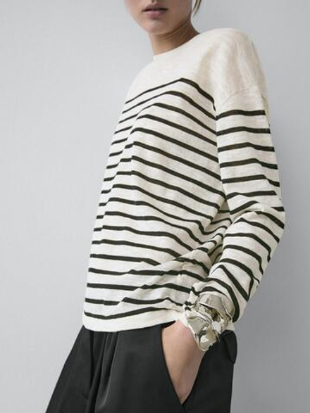 Massimo Dutti Футболка из смесового хлопка в полоску с длинными рукавами, натуральный/кремовый