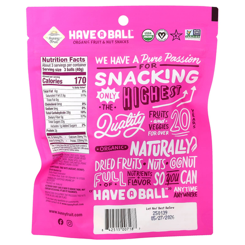 Sunny Fruit, Есть A Ball™, органические снеки с фруктами и орехами, вишня и фундук, 126 г (4,4 унции)