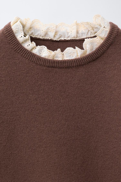 ZARA СВИТЕР С КРУЖЕВОМ И ВЫШИВКОЙ, ШКОЛАДНЫЙ