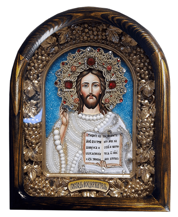 Дивеевская икона Господь Вседержитель, бисер, натуральные камни, ткань