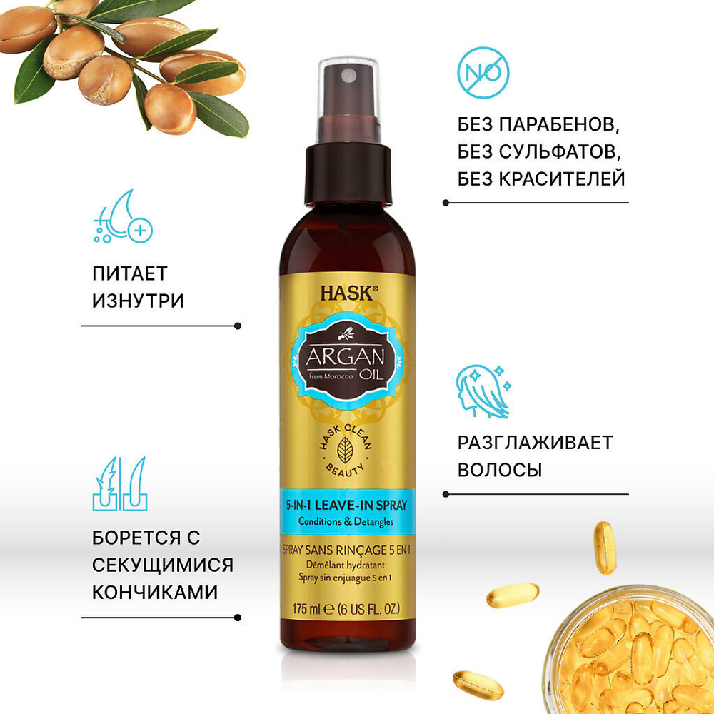 HASK Спрей несмываемый 5-в-1 с аргановым маслом Argan Oil 5 In 1 Leave-In Conditioner Travelsize 175 мл