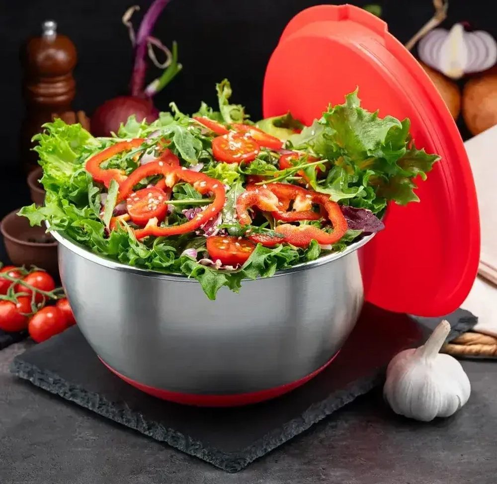 Миска Jolly Kitchen с крышкой, красная, 22 см, нержавеющая сталь 0,5 мм, объем 2,6 л