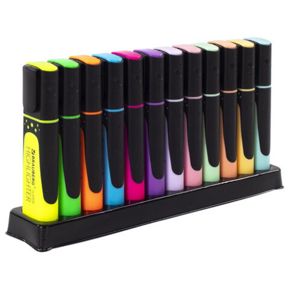 Набор текстовыделителей BRAUBERG 12 шт., АССОРТИ, "SUPER", прорезиненный корпус, линия 1-5 мм, 151758