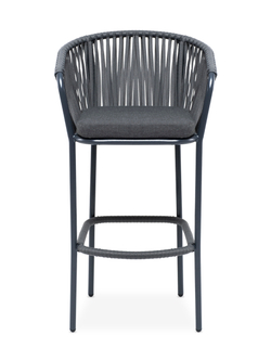 "Бордо" стул барный плетеный из роупа, каркас из стали темно-серый (RAL7024) муар, роуп серый 15мм, ткань темно-серая 027