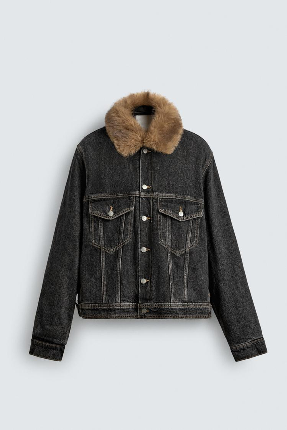 ZARA ДЖИНСОВАЯ КУРТКА С МЕХОВЫМ ВОРОТНИКОМ, УГОЛЬНЫЙ