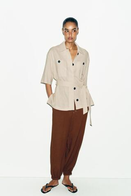 ZARA ШИРОКИЕ БРЮКИ НА РЕЗИНКЕ, СВЕТЛО-КОРИЧНЕВЫЙ