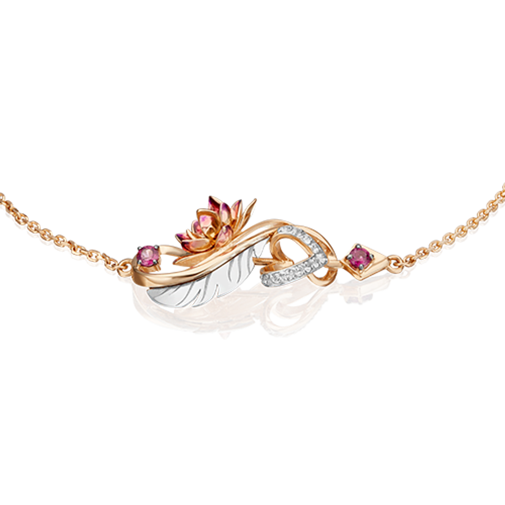 Браслет «Золотой Лотос» (пожелание любви) из комбинированного золота c гранатами, натуральными топазами white и эмалью Артикул: 05-0653-00-264-1111-76